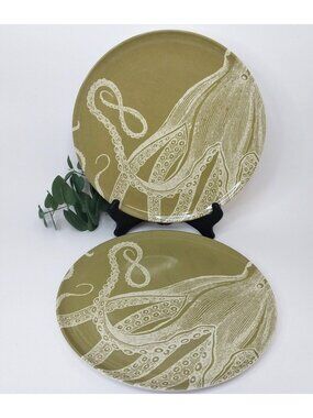 Thomas Paul Octopus Melamine Plates Set Of 2 Olive Green Ocean Coastal Nautical
